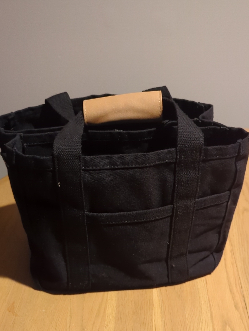 Black Canvas Tote Bag with Tan Handle Accent